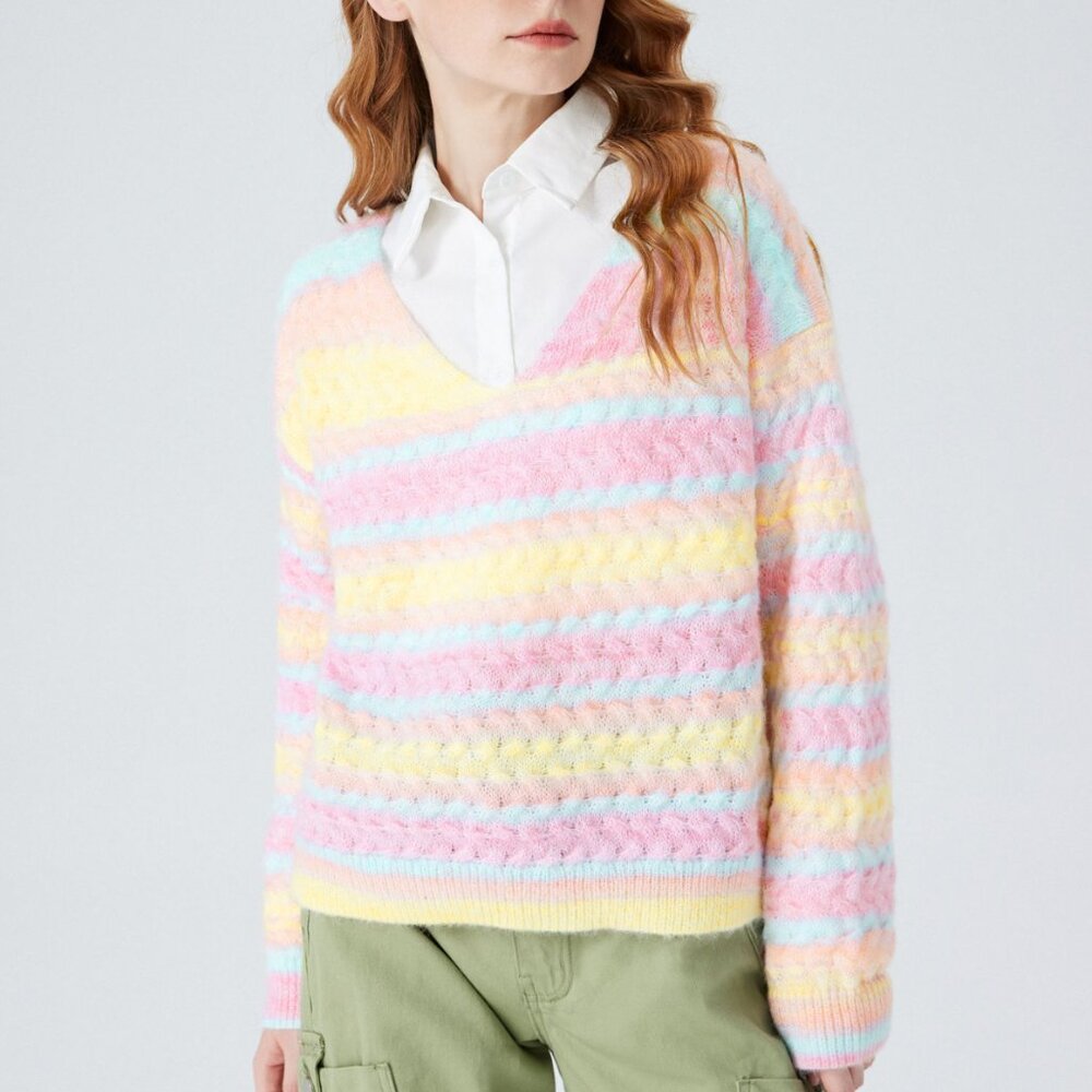 V-neck Colorful Pastel Striped Sweater